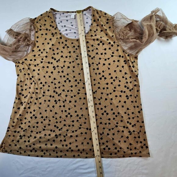 Cato Mixed Fabric Top Tan Black Floral Print Long Net Sleeves Women's Size 18/20 - Picture 7 of 11